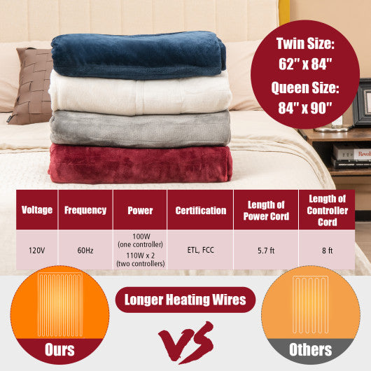 62" x 84" Twin Size Electric Heated Throw Blanket with Timer-Red