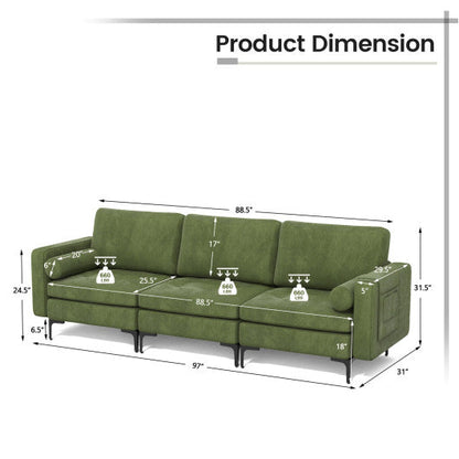 3-Seat Sofa Sectional with Side Storage Pocket and Metal Leg-Army Green