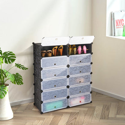 12-Cube DIY Portable Plastic Shoe Rack with Transparent Doors-Black