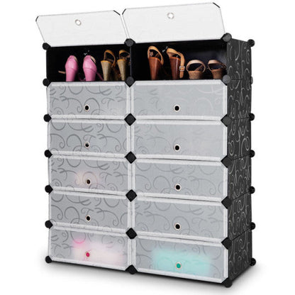 12-Cube DIY Portable Plastic Shoe Rack with Transparent Doors-Black