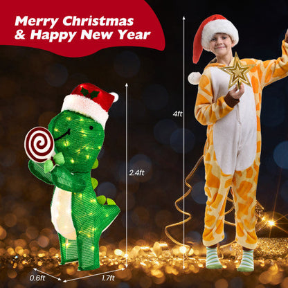 2.4 Feet Pre-Lit Dinosaur Christmas Decoration with Warm-White LED Lights