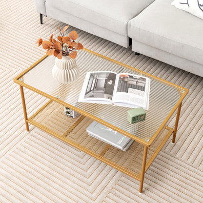 2-Tier Coffee Table with Shelf Center Tea Table with Tempered Glass Top-Golden