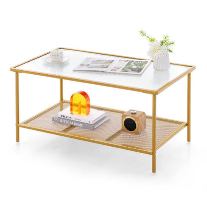 2-Tier Coffee Table with Shelf Center Tea Table with Tempered Glass Top-Golden