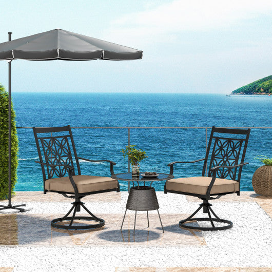 2 Pieces Patio Swivel Chairs with Blossom Pattern Backrest and Cushions-Black