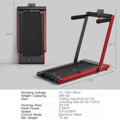 2-in-1 Folding Treadmill with Dual LED Display-Red