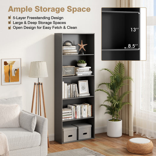 5-Shelf Storage Bookcase Modern Multi-Functional Display Cabinet Furniture-Black