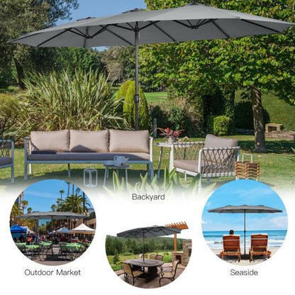 15 Feet Double-Sided Twin Patio Umbrella with Crank and Base-Gray