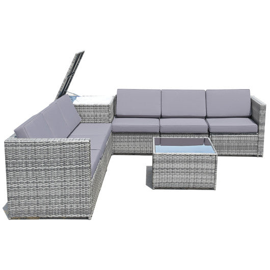 8 Pieces Wicker Sofa Rattan Dining Set Patio Furniture with Storage Table-Gray