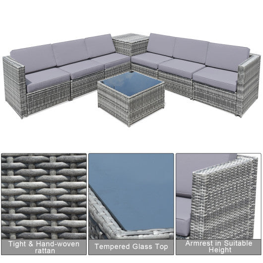 8 Pieces Wicker Sofa Rattan Dining Set Patio Furniture with Storage Table-Gray