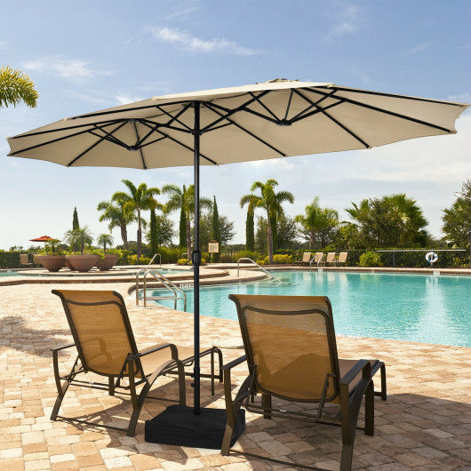 15 Feet Double-Sided Twin Patio Umbrella with Crank and Base-Beige