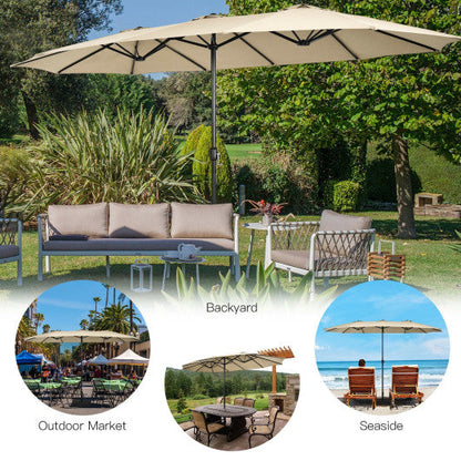 15 Feet Double-Sided Twin Patio Umbrella with Crank and Base-Beige