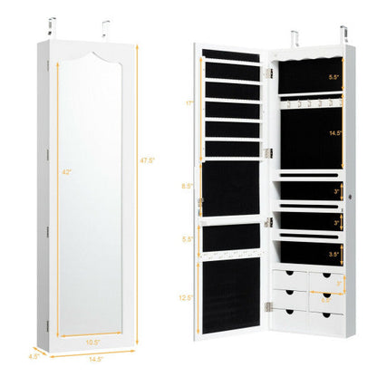 5 LEDs Lockable Mirror Jewelry Cabinet Armoire with 6 Drawers-White