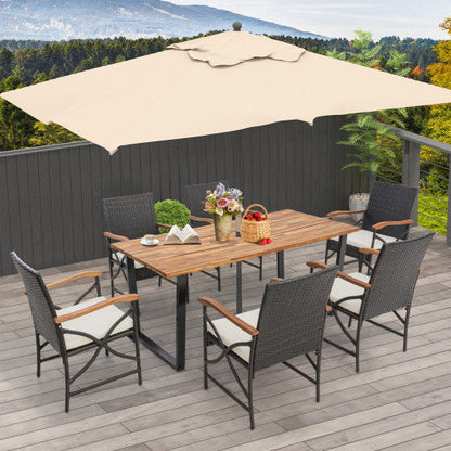 Acacia Wood Table and 6 Wicker Chairs with Umbrella Hole-X-side Handrail