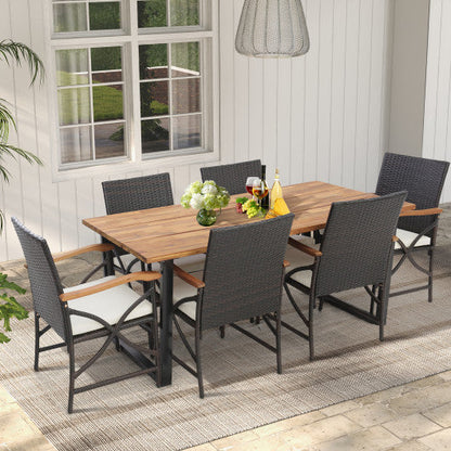 Acacia Wood Table and 6 Wicker Chairs with Umbrella Hole-X-side Handrail