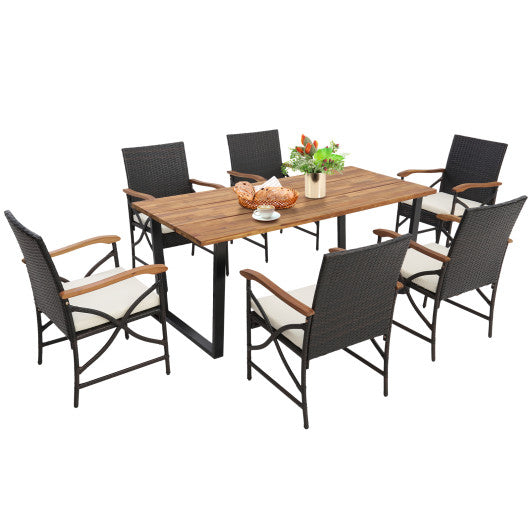 Acacia Wood Table and 6 Wicker Chairs with Umbrella Hole-X-side Handrail