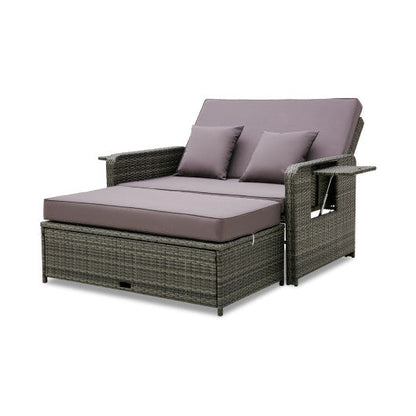 Wicker Loveseat Sofa with Multipurpose Ottoman and Retractable Side Tray-Gray