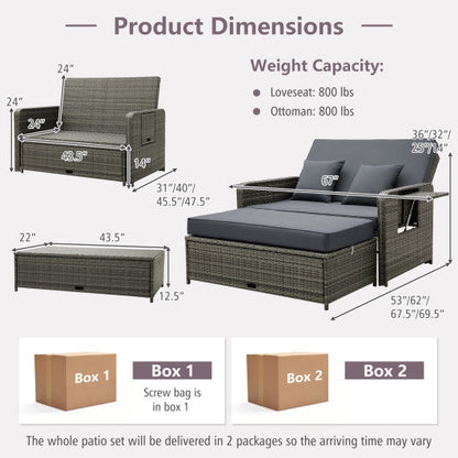 Wicker Loveseat Sofa with Multipurpose Ottoman and Retractable Side Tray-Gray