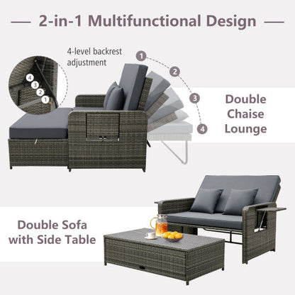 Wicker Loveseat Sofa with Multipurpose Ottoman and Retractable Side Tray-Gray