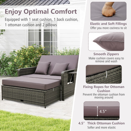 Wicker Loveseat Sofa with Multipurpose Ottoman and Retractable Side Tray-Gray