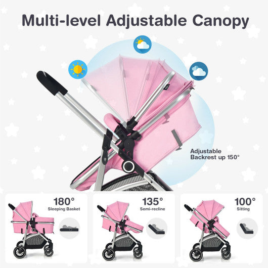 2-in-1 Convertible Baby Stroller with Reversible Seat-Pink