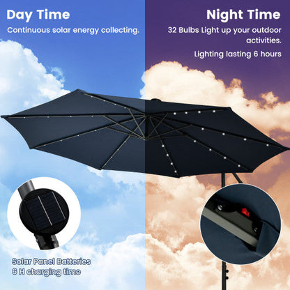 10 Feet Cantilever Umbrella with 32 LED Lights and Solar Panel Batteries-Navy