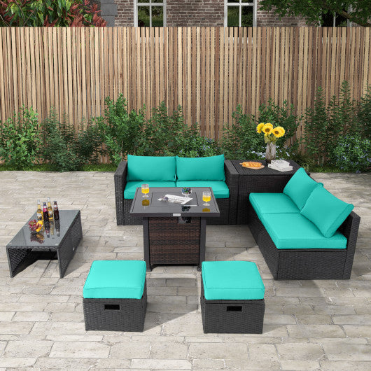 9 Pieces Patio Furniture Set with 32” Fire Pit Table and 50000 BTU Square Propane Fire Pit-Turquoise