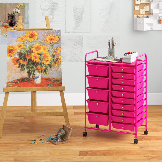 15-Drawer Utility Rolling Organizer Cart MultiUse Storage-Pink