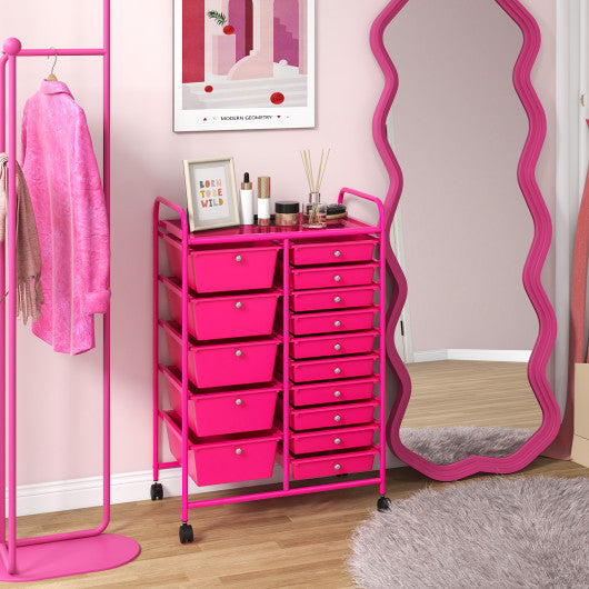 15-Drawer Utility Rolling Organizer Cart MultiUse Storage-Pink