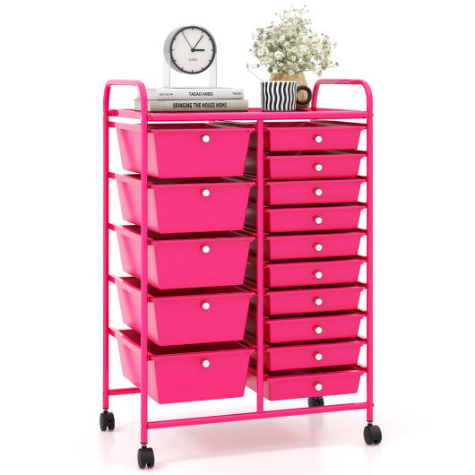 15-Drawer Utility Rolling Organizer Cart MultiUse Storage-Pink