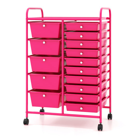 15-Drawer Utility Rolling Organizer Cart MultiUse Storage-Pink