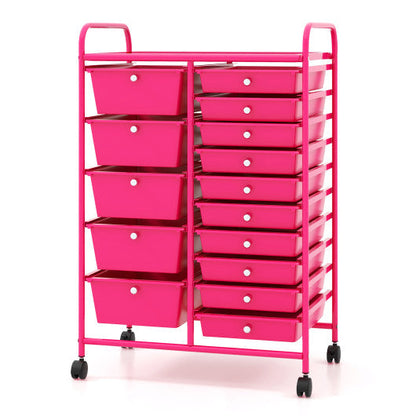 15-Drawer Utility Rolling Organizer Cart MultiUse Storage-Pink