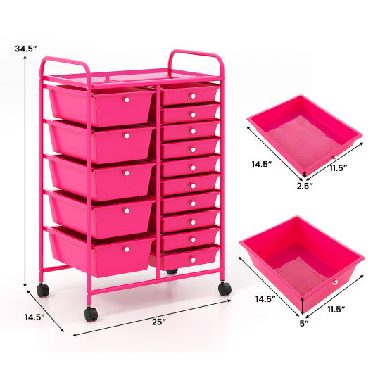 15-Drawer Utility Rolling Organizer Cart MultiUse Storage-Pink