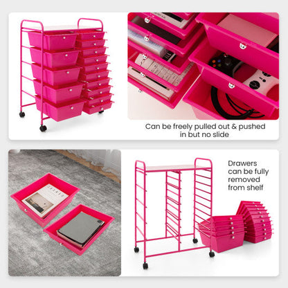 15-Drawer Utility Rolling Organizer Cart MultiUse Storage-Pink