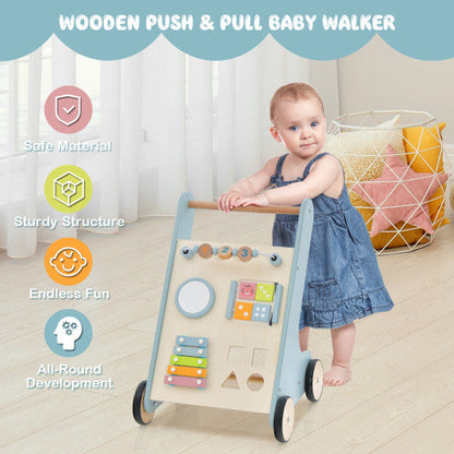 Wooden Baby Walker Toddler Push Walker with  Xylophone and Flip Blocks-Blue