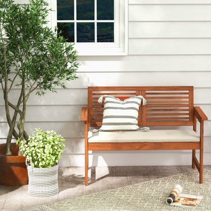 2-Person Solid Wood Patio Bench with Backrest and Cushion