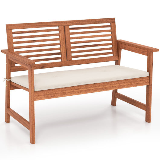 2-Person Solid Wood Patio Bench with Backrest and Cushion