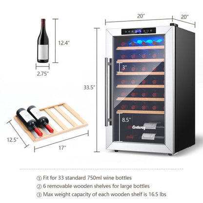 20 Inch Wine Refrigerator for 33 Bottles and Tempered Glass Door-Silver