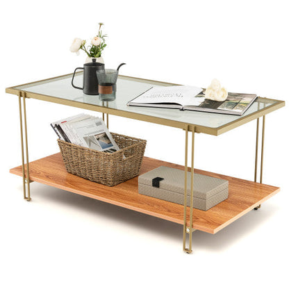 2 Tiers Rectangle Glass Coffee Table with White and Gold Steel Frame-Golden