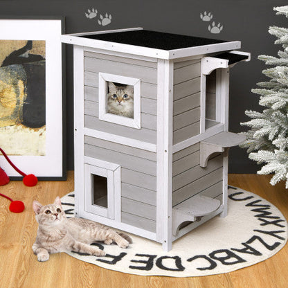 2-Story Wooden Cat House with Escape Door Rainproof