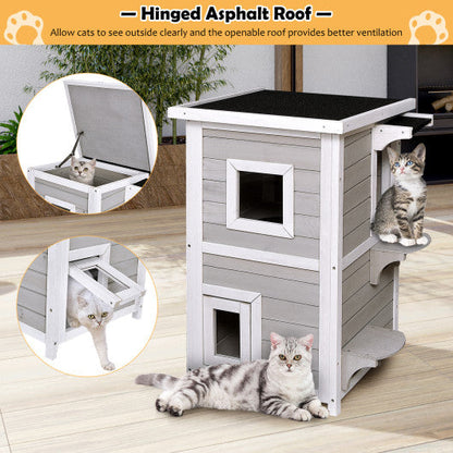 2-Story Wooden Cat House with Escape Door Rainproof