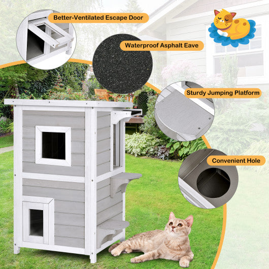 2-Story Wooden Cat House with Escape Door Rainproof