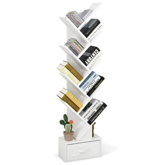 10-tier Tree Bookshelf with Drawer Free-standing Storage Bookcase