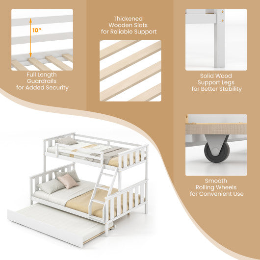 3-in-1 Twin Over Full Bunk Bed with Trundle and Ladder-White