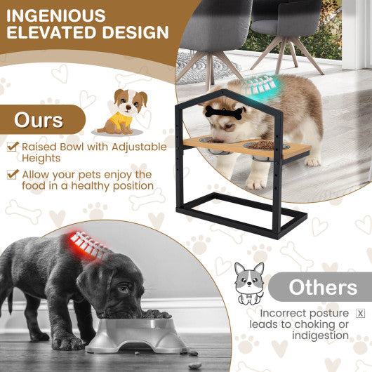 5 Heights Elevated Pet Feeder with 2 Detachable Stainless Steel Bowl-Natural