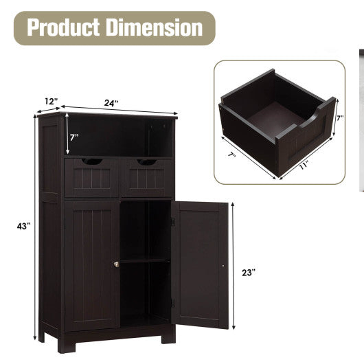 Bathroom Wooden Side Cabinet  with 2 Drawers and 2 Doors-Dark Brown