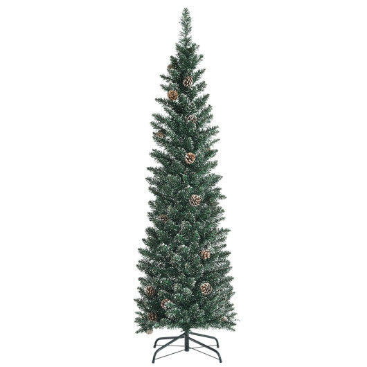 Snowy Artificial Pencil Christmas Tree with Pine Cones-5 ft