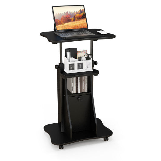 Adjustable Mobile Standing Desk Cart with Tilt Desktop and Cabinet-Black