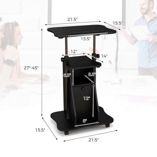 Adjustable Mobile Standing Desk Cart with Tilt Desktop and Cabinet-Black