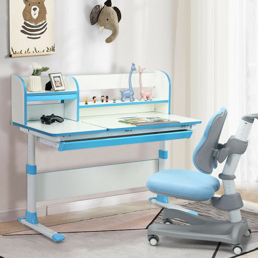 Adjustable Height Study Desk with Drawer and Tilted Desktop for School and Home-Blue