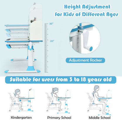 Adjustable Height Study Desk with Drawer and Tilted Desktop for School and Home-Blue